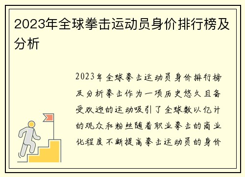 2023年全球拳击运动员身价排行榜及分析